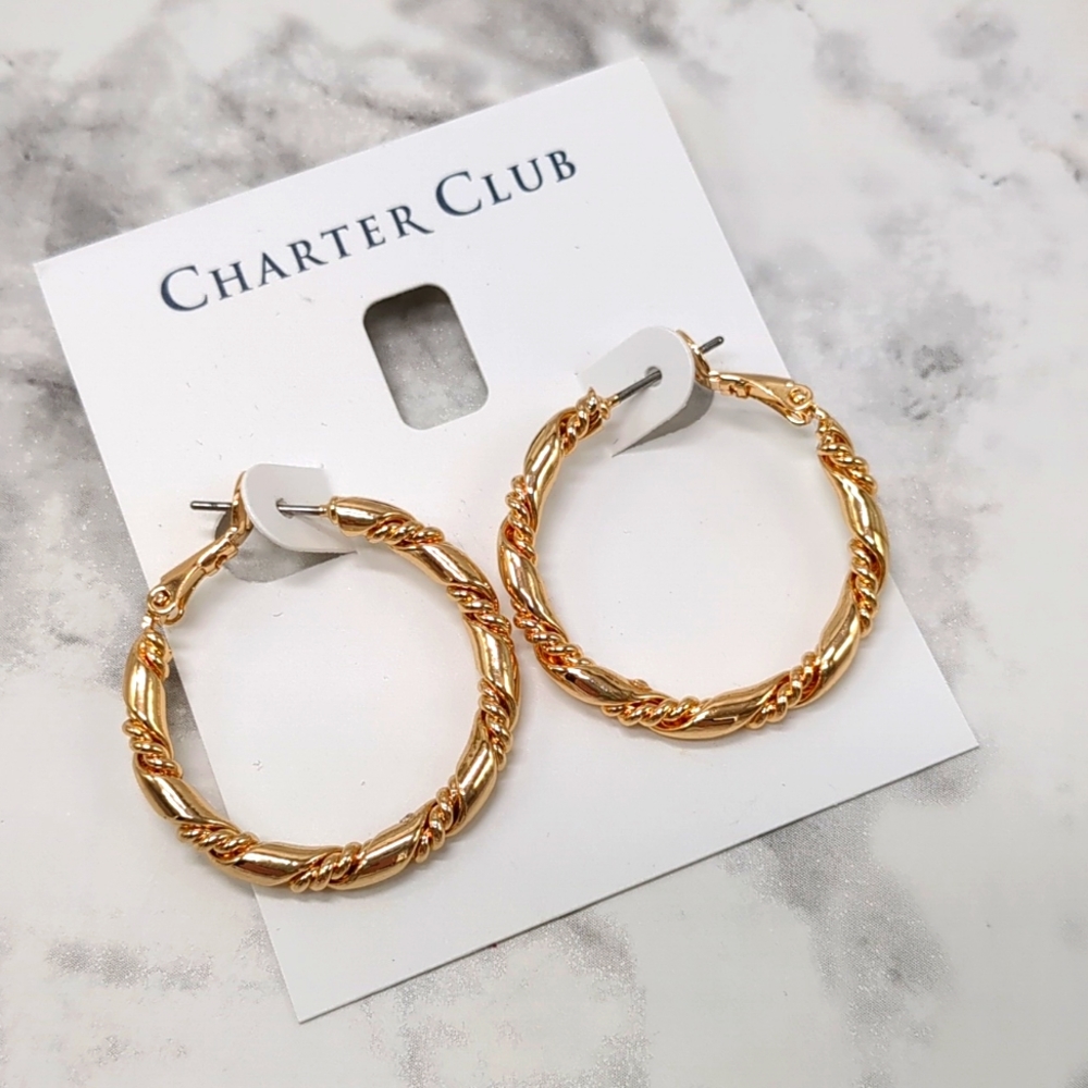 Charter Club Gold Circle Twist Hoop Earrings NWT